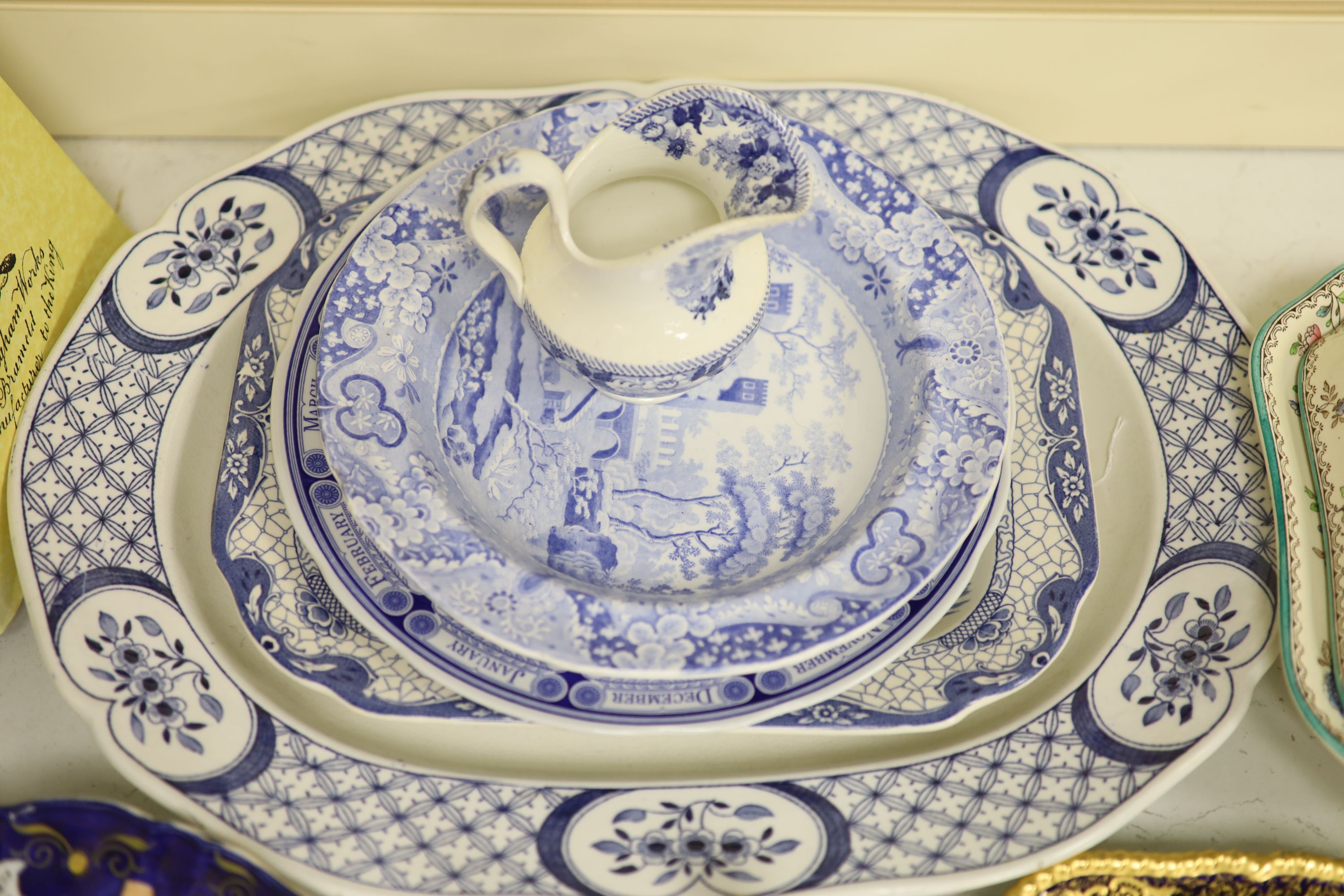 A Coalport cobalt blue dish with painted reserve of Kilchurn, heightened in gilt and sundry ceramics,